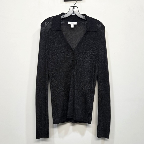 COS Tops - COS Sheer Metallic Knit Top Shirt Large Black Silver Ribbed‎ Collared Minimalist